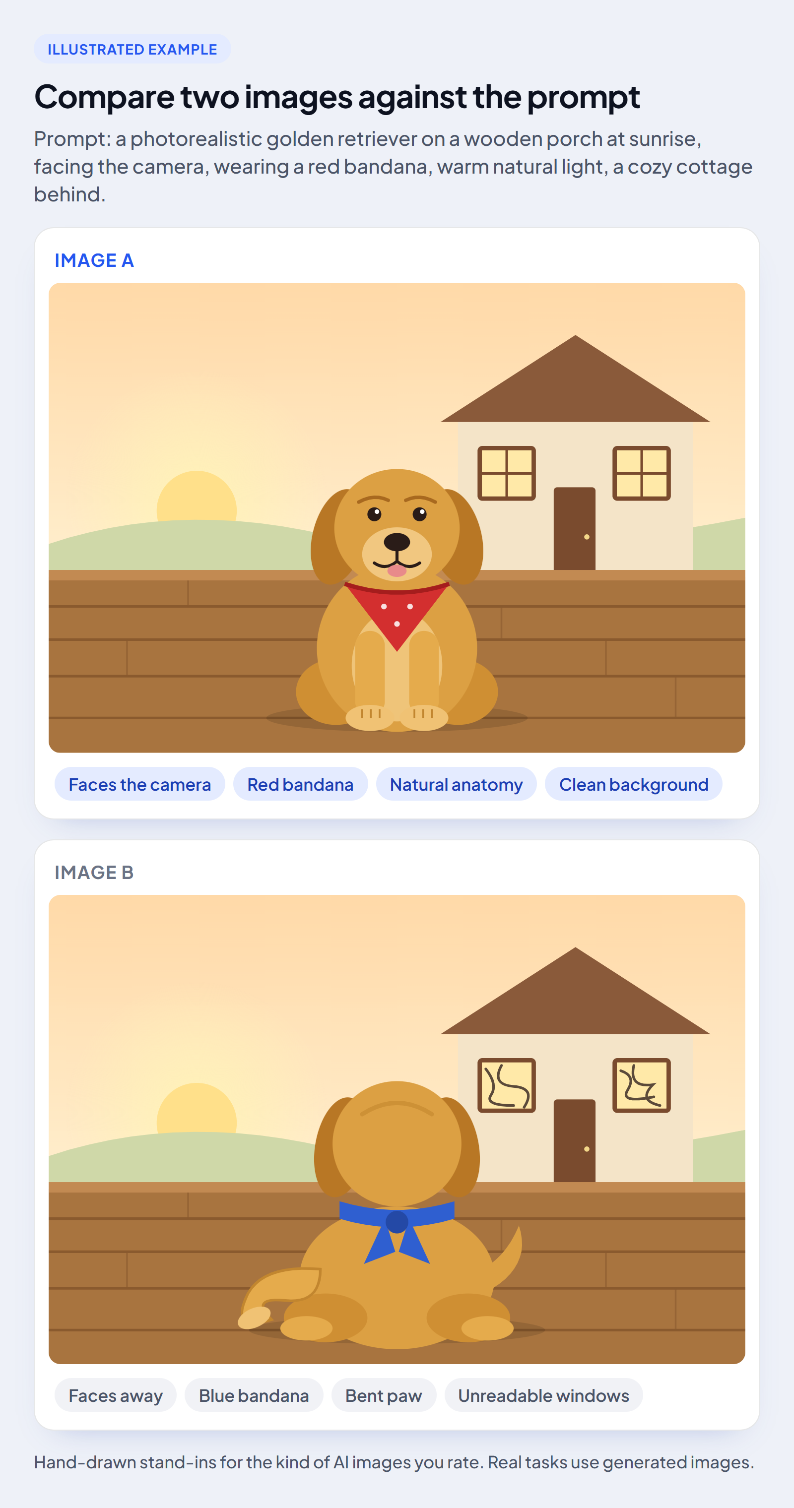 Two illustrated images compared against one prompt. Image A shows a golden retriever facing the camera in a red bandana on a wooden porch with a cottage behind. Image B shows the dog facing away in a blue bandana, with a bent paw and scribbled, unreadable windows.