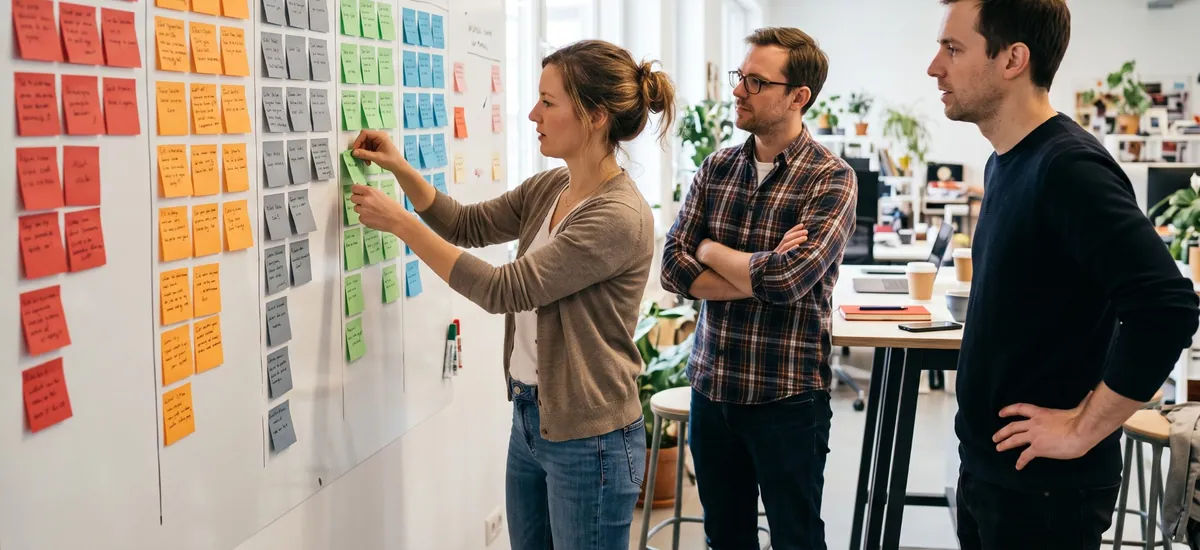 Three colleagues at a wall of colour-coded sticky notes sorted into columns while one of them moves a note.