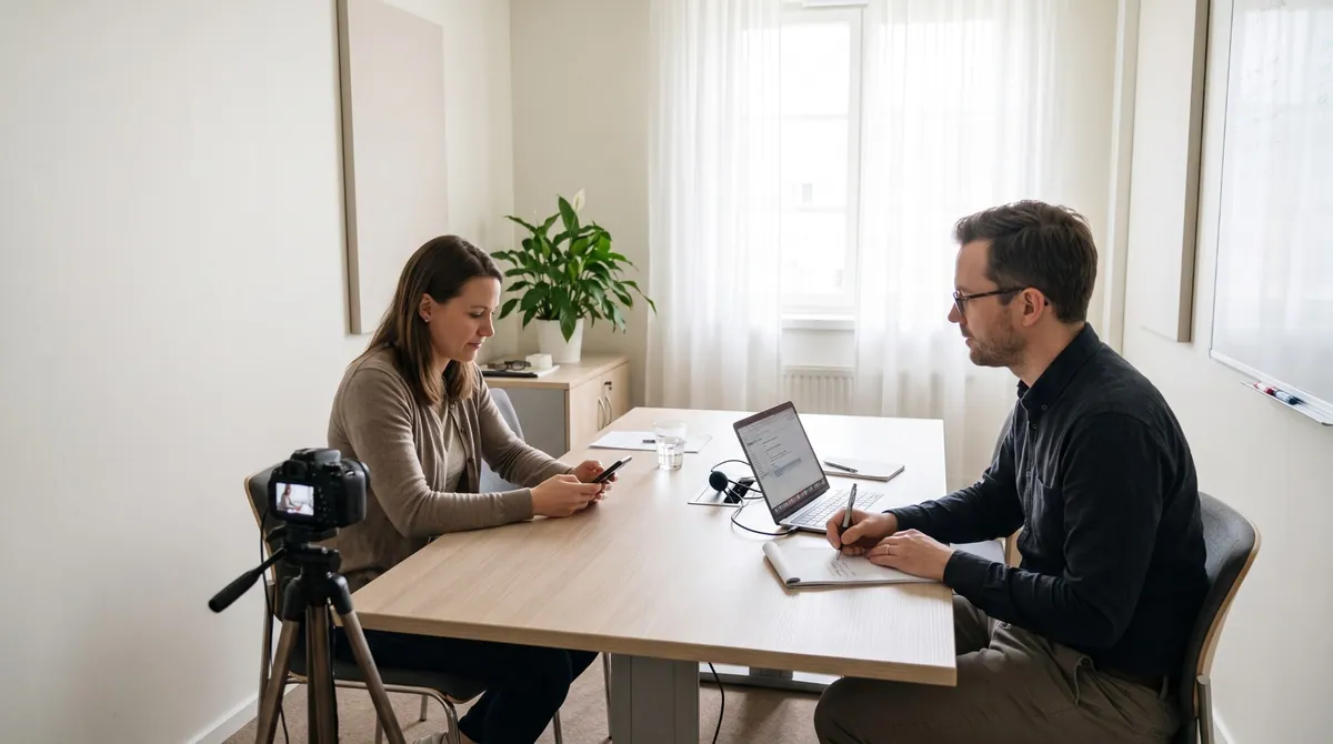 A participant uses a smartphone at a table while a researcher beside a laptop takes notes and a camera on a tripod records the session.