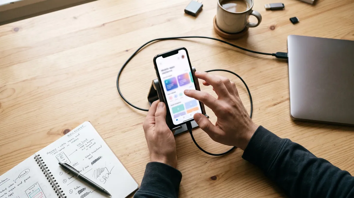 Hands hold and tap a smartphone resting on a stand, with a cable to a laptop, a notebook and a pen on a wooden desk.