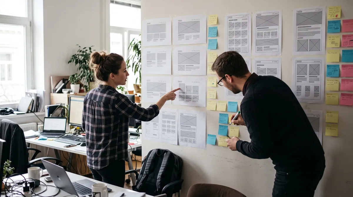 Two designers at a wall of printed website wireframes and sticky notes, one pointing at a page layout while the other writes a note.