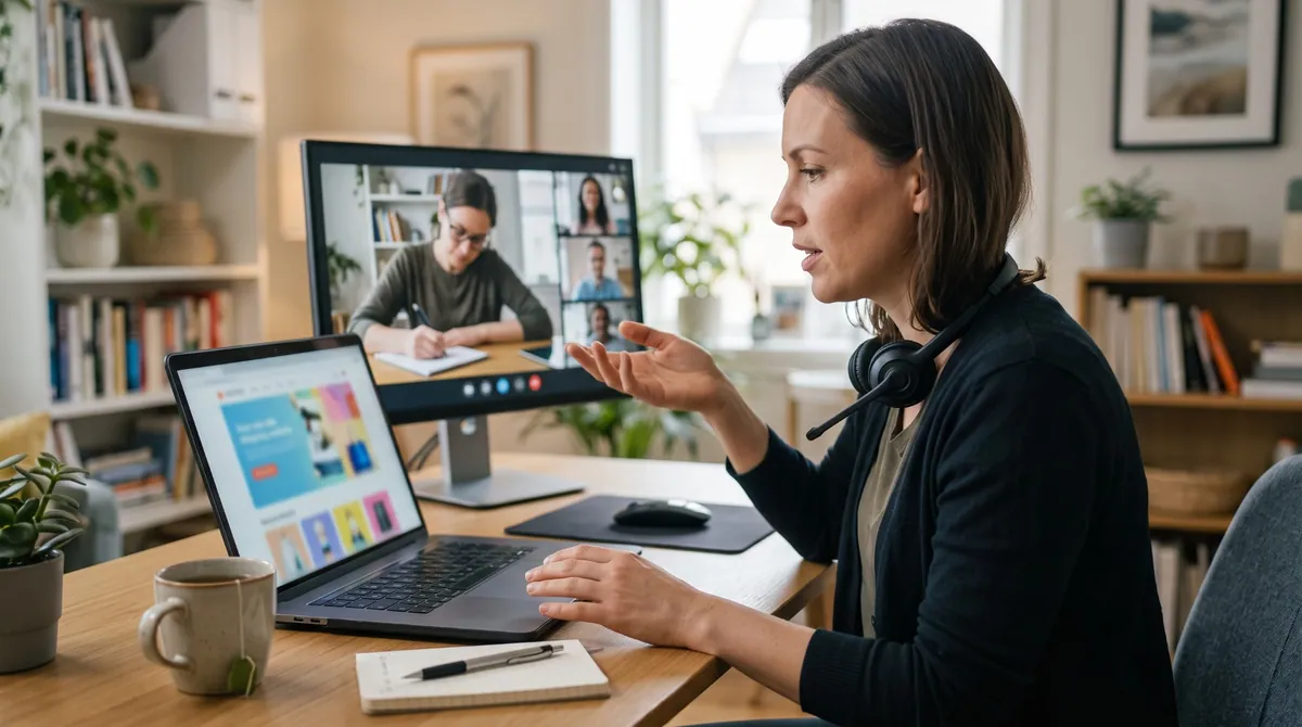 A woman wearing a headset speaks and gestures while using a laptop that shows a website, with a video call of researchers taking notes on a monitor behind her.