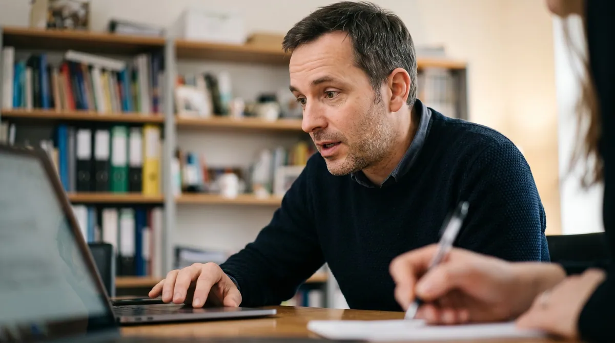 A man leans toward a laptop and speaks as he works, while a researcher in the foreground writes notes with a pen.
